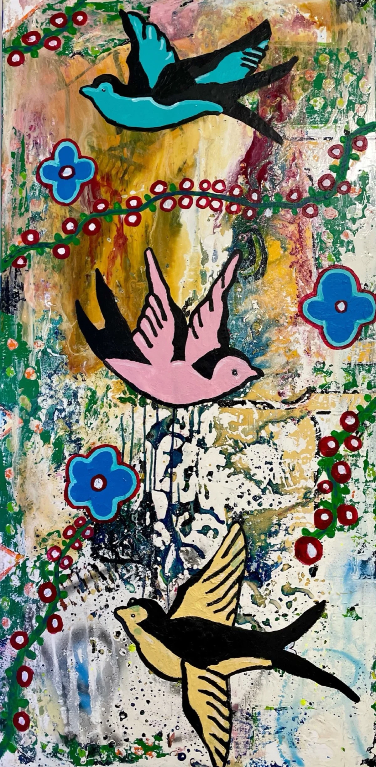 3 vogels — schilderij door Esther van Kessel, 70 × 140 cm